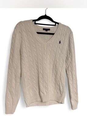 Ralph Lauren White Cable-Knit V-Neck Sweater